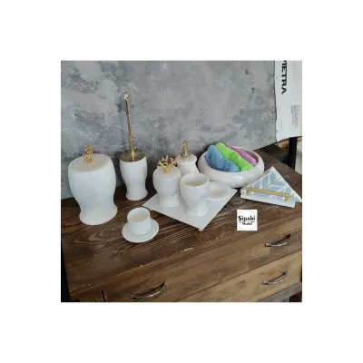 Beyaz Mermer Mercan Aparatlı 10 Parça Banyo Seti