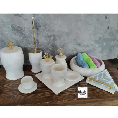 Beyaz Mermer Mercan Aparatlı 10 Parça Banyo Seti Beyaz Mermer Mercan Aparatlı 10 Parça Banyo Seti