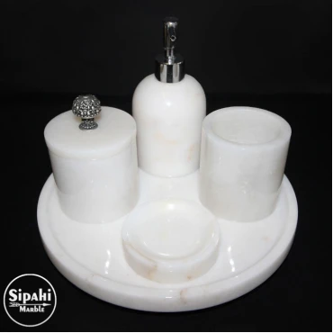 Beyaz Mermer Krom İşleme Aparatlı 5'li Banyo Seti