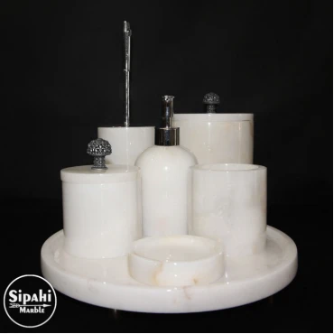 Beyaz Mermer Krom İşleme Aparatlı 7'Li Banyo Seti