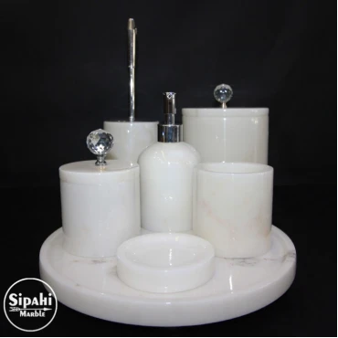 White Marble Silver Crystal Apparatus 7-Piece Bathroom Set