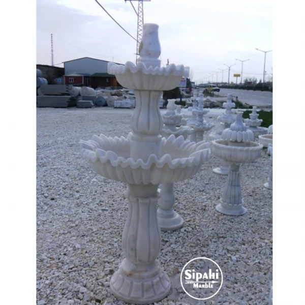 Afyon Yellow White Marble Slim Melon Embroidered Double Bowl Pool Fountain
