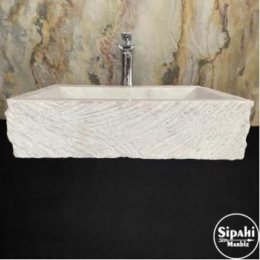 Afyon White Marble Tumbled Layer Design Washbasin