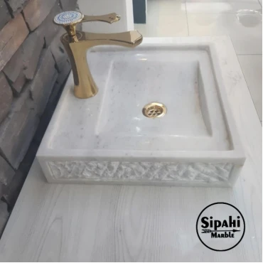 White Marble Rustic Square Sink - With Faucet Outlet