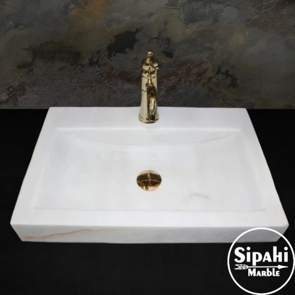 Afyon White Marble Rectangular Sink - With Faucet Outlet