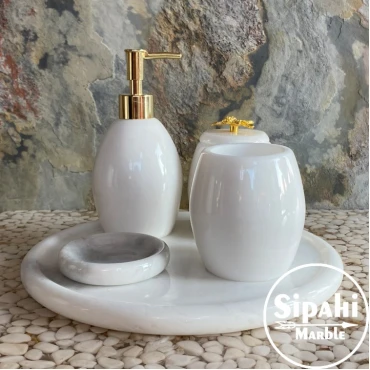  5 Piece Bathroom Set With White Marble Gold Leaf Apparatus