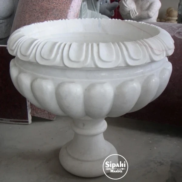 White Marble Special Design Footed Short Flower Pot
