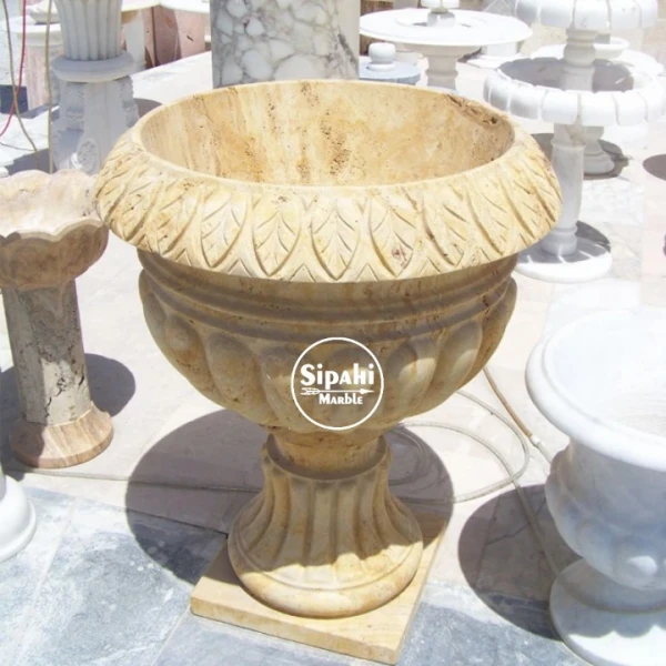Yellow Travertine Melon Sliced Footed Flower Pot