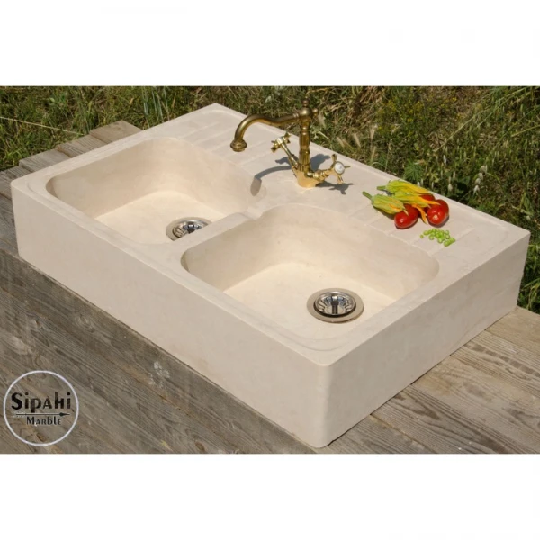 Travertine Double Bowl Kitchen Sink - With Faucet Outlet