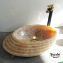 Afyon Honey Marble Split Face Design Rectangular Sink - With Faucet Outlet
