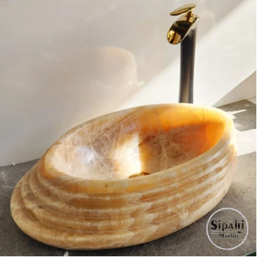 Afyon Honey Marble Split Face Design Rectangular Sink - With Faucet Outlet